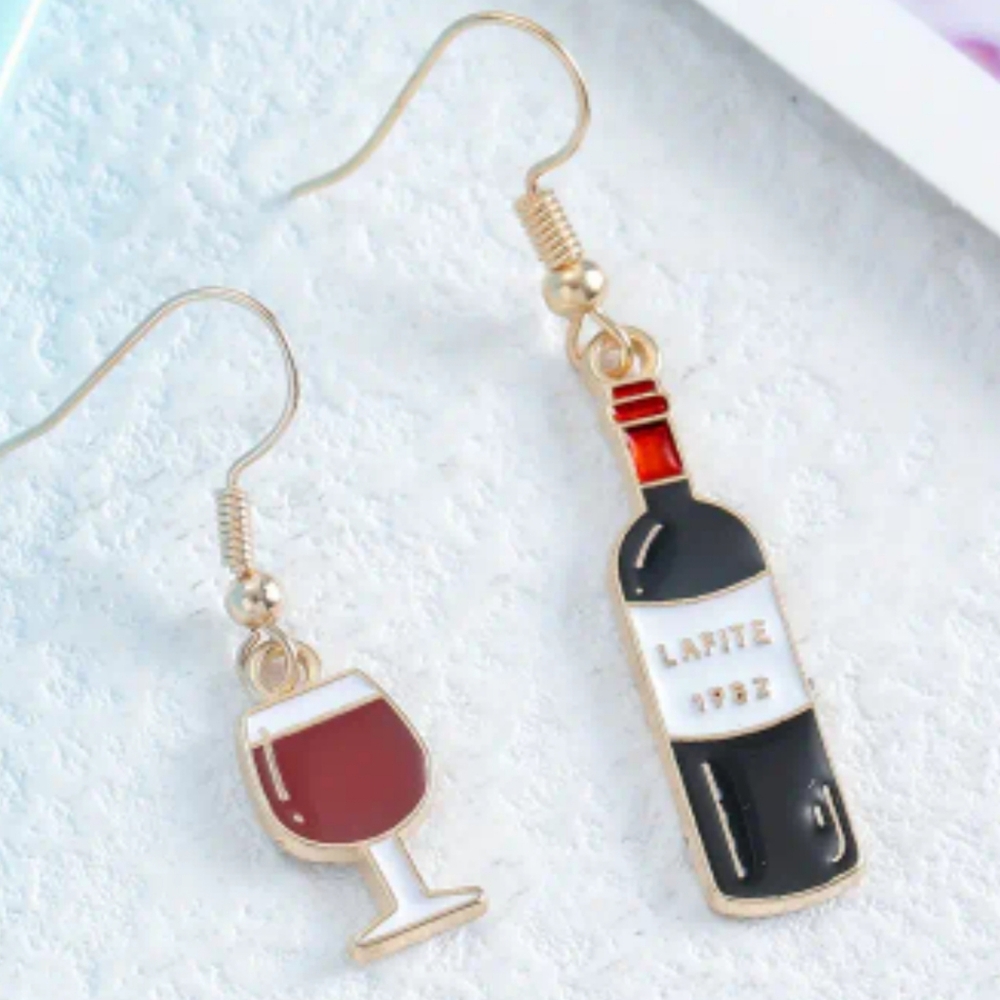 Red wine bottle and glass earrings